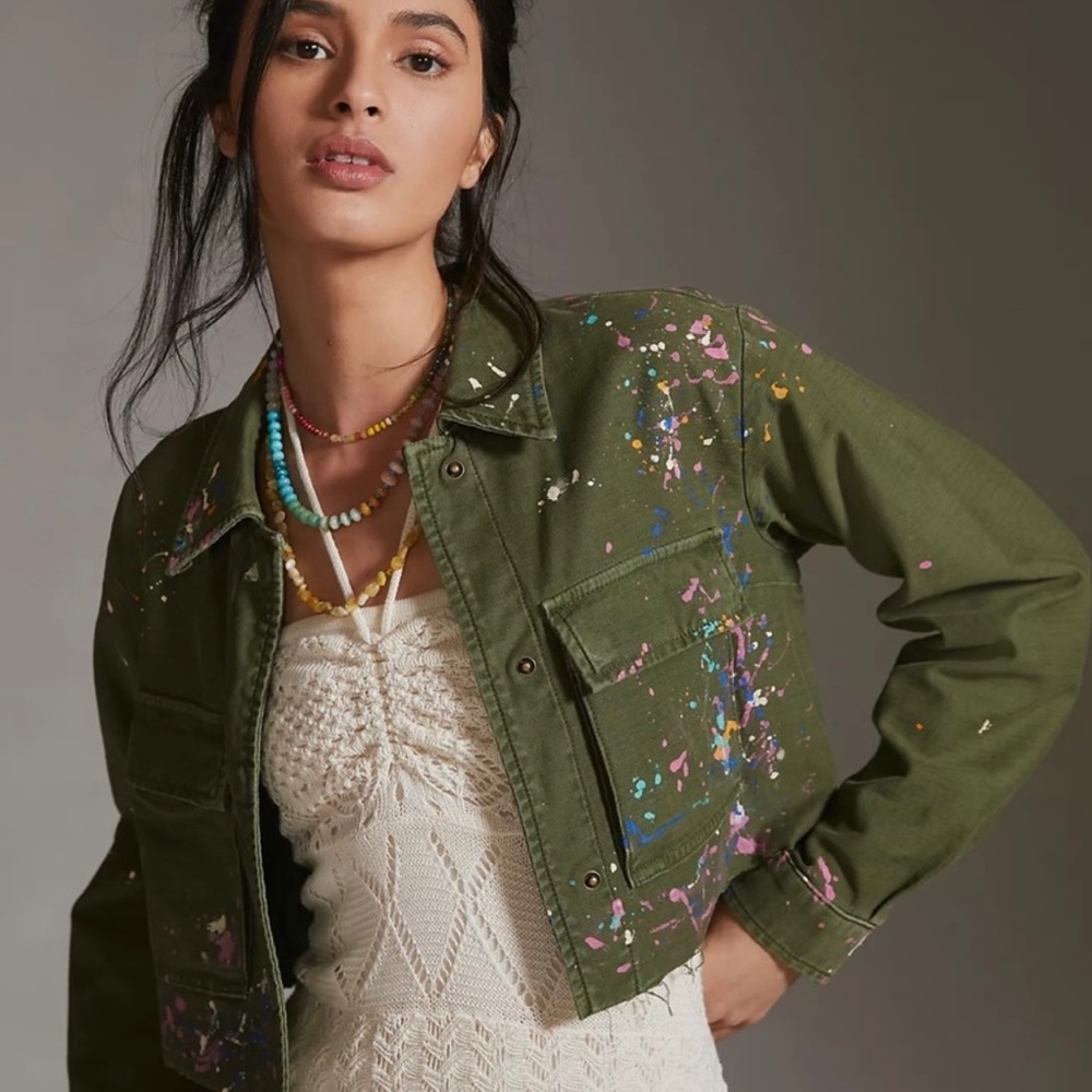 Anthropologie Pilcro Crop Army Green Jacket with Paint Splatter Accent - size S